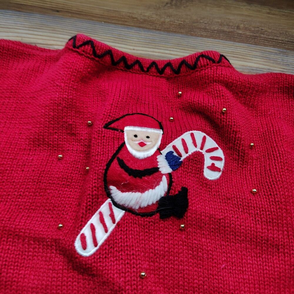 Vintage Christmas Cardigan Sweater Size M Santa Claus Tree Embellished Retro - Picture 12 of 12